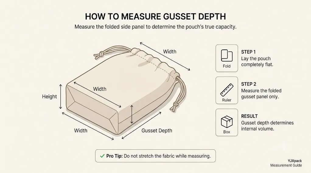 measuring gusset depth of a boxed bottom pouch