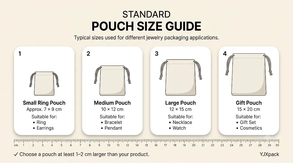 comparing different drawstring pouch sizes side by side