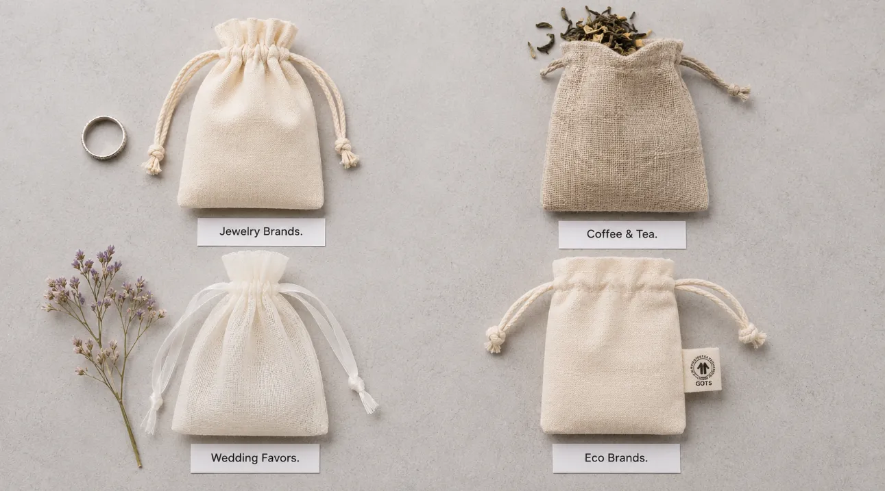 Natural fabric packaging pouches brand scene jewelry coffee wedding eco