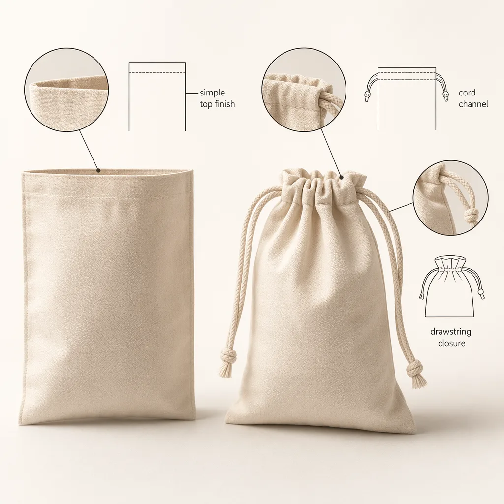 How a Bag Sachet and Drawstring Pouch Are Constructed Construction comparison showing the simple top finish of a sachet bag and the cord channel of a drawstring pouch