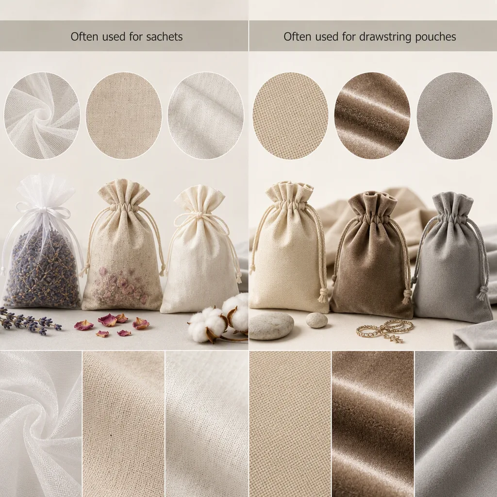 Fabric Choices for Sachet Bags and Drawstring Pouches Fabric swatches commonly considered for sachet bags and drawstring pouches