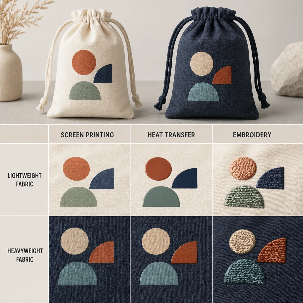 Logo Customization Options for Fabric Pouches Visual comparison of screen printing, heat transfer, and embroidery on fabric pouch materials