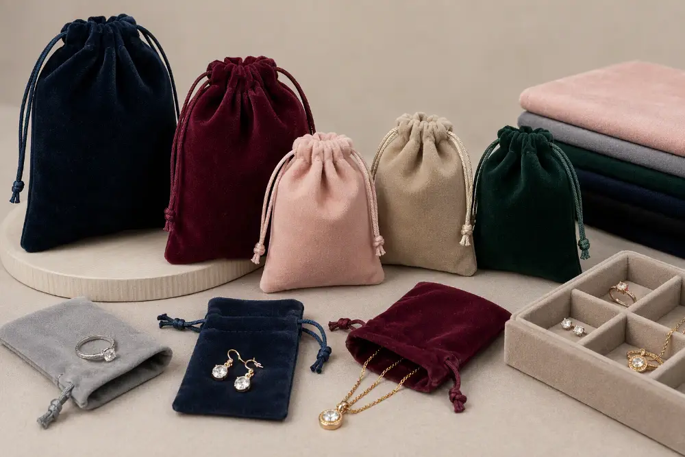 Wholesale Velvet Jewelry Pouches: MOQ, Pricing and Quality Guide Assorted blank velvet jewelry pouches with rings, earrings and necklaces for wholesale packaging sourcing