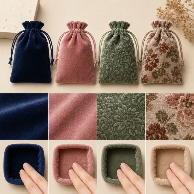 Velvet Fabric and Lining Options for Jewelry Pouches Close-up comparison of different velvet textures and smooth lining options for jewelry pouches
