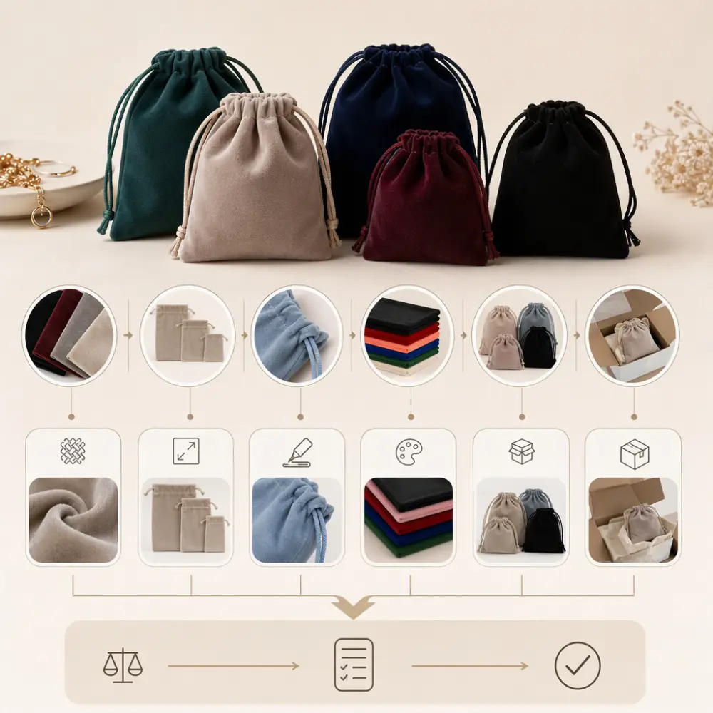 Key Factors That Shape Wholesale Velvet Pouch Pricing Infographic showing fabric, size, logo method, order volume and packaging as wholesale velvet pouch pricing factors