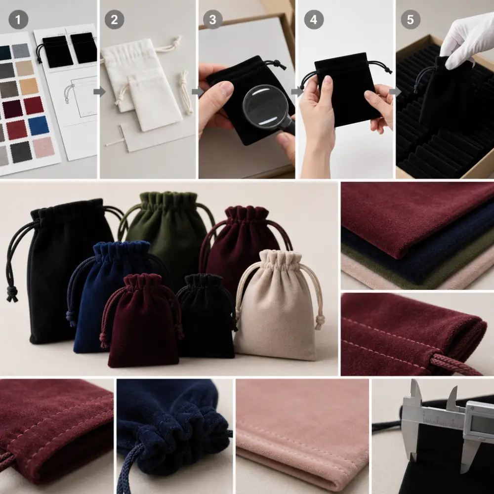 Sample Approval and Quality Checks for Velvet Jewelry Pouches Quality inspection workflow for velvet jewelry pouches showing sample approval, stitching, drawstring and logo placement checks
