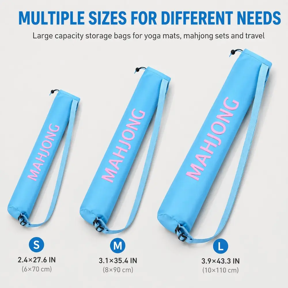 Blue Mahjong Bags in Three Sizes Three light blue drawstring bags labeled MAHJONG, shown in small, medium, and large sizes with shoulder straps