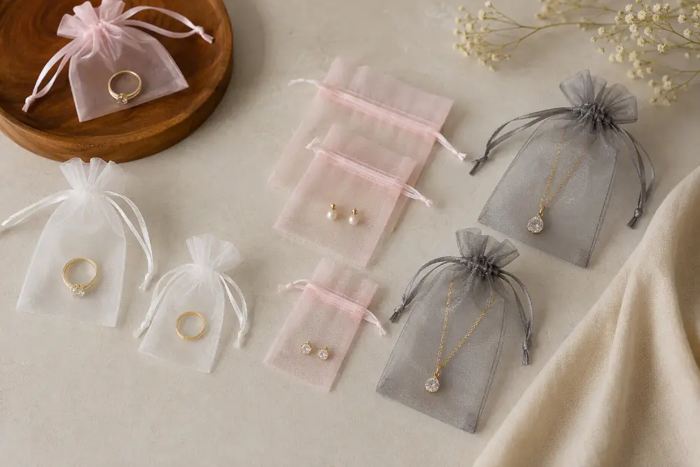 Choosing the Right Organza Pouch Size for Jewelry Several organza jewelry pouches in different sizes holding a ring, stud earrings, and a small pendant