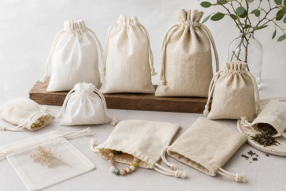 Custom Cotton Pouch Material and Construction Options A selection of custom cotton drawstring pouches in different fabric weights and constructions