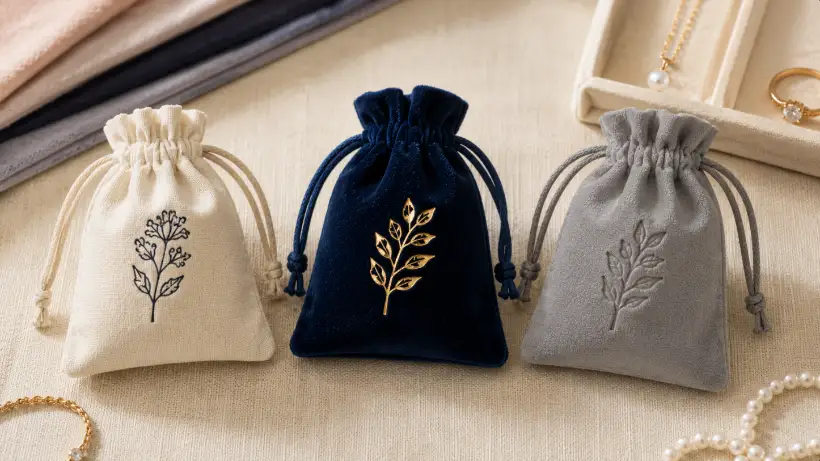 Custom Jewelry Pouch Logo Method Comparison Close-up comparison of unbranded jewelry pouches showing printed, foil-stamped and debossed fabric logo finishes