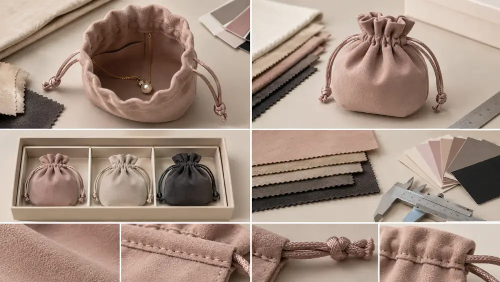 Custom Jewelry Pouch Reorder Reference Custom jewelry pouches, fabric swatches, a measuring ruler, and an approved production sample arranged for a reorder specification review