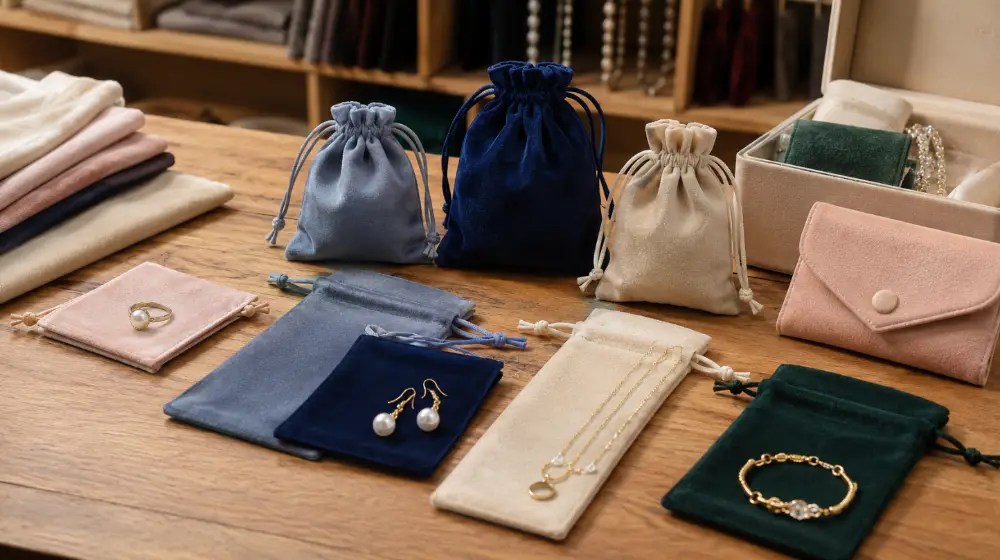 Custom Jewelry Pouches for Different Jewelry Types and Use Cases Unbranded custom fabric jewelry pouches arranged for rings, earrings, necklaces and bracelets in different use cases