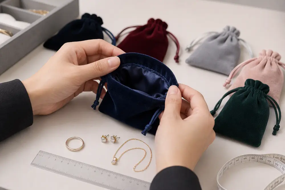 Custom Velvet Pouch Material and Size Evaluation Unbranded custom velvet pouches beside jewelry items and a measuring ruler for checking size and fit