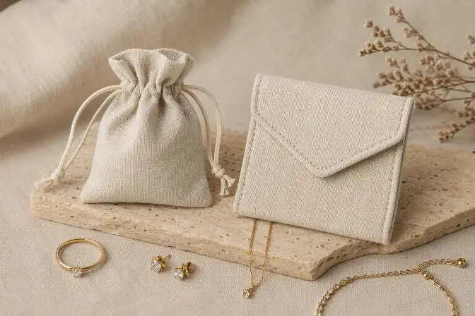 Drawstring and Flap Jewelry Pouches Compared Side by Side Unbranded drawstring and flap jewelry pouches shown side by side with rings, earrings, a chain, and a bracelet