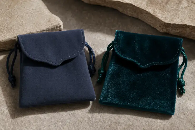 Microfiber vs. Velvet Jewelry Pouches A smooth microfiber jewelry pouch beside a plush velvet jewelry pouch for material comparison