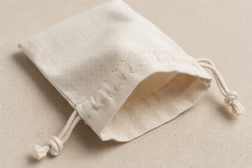 Natural Cotton Jewelry Pouch with Drawstring Construction Close-up of a natural cotton drawstring jewelry pouch showing its fabric texture, cord channel, stitching, and slightly open interior