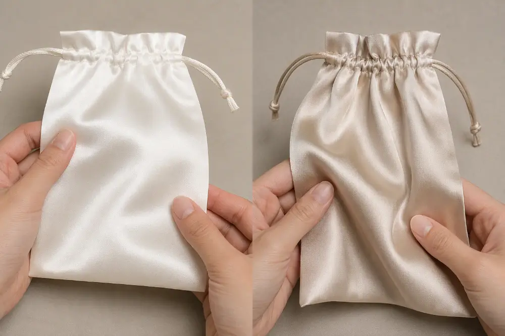 Satin vs. Silk Jewelry Pouches: Material and Hand-Feel Comparison Side-by-side comparison of a polyester satin jewelry pouch and a genuine silk satin jewelry pouch