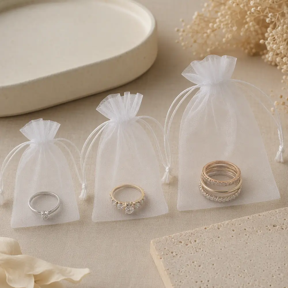 Best Organza Pouch Sizes for Rings Rings placed inside organza pouches with enough room for easy insertion and removal