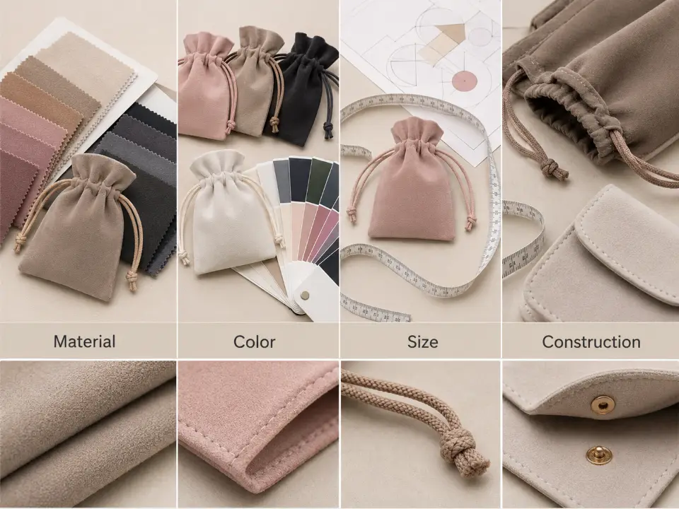 Checking Custom Pouch Specifications Before Reordering A jewelry pouch sample being checked against fabric swatches, color references, and a measuring tape before a reorder
