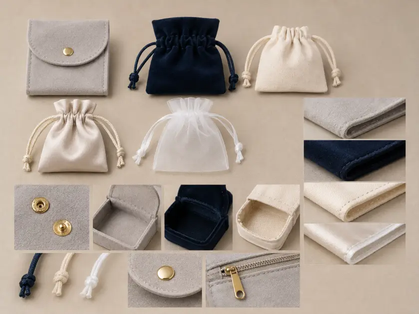Comparing Jewelry Pouch Materials and Construction Fabric swatches and close-up construction details for microfiber, velvet, cotton, satin, and organza jewelry pouches