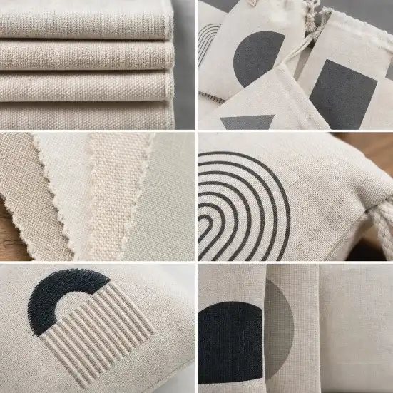 Cotton Pouch Fabric Weight and Printing Detail Close-up comparison of cotton pouch fabric textures, thicknesses, and decoration methods