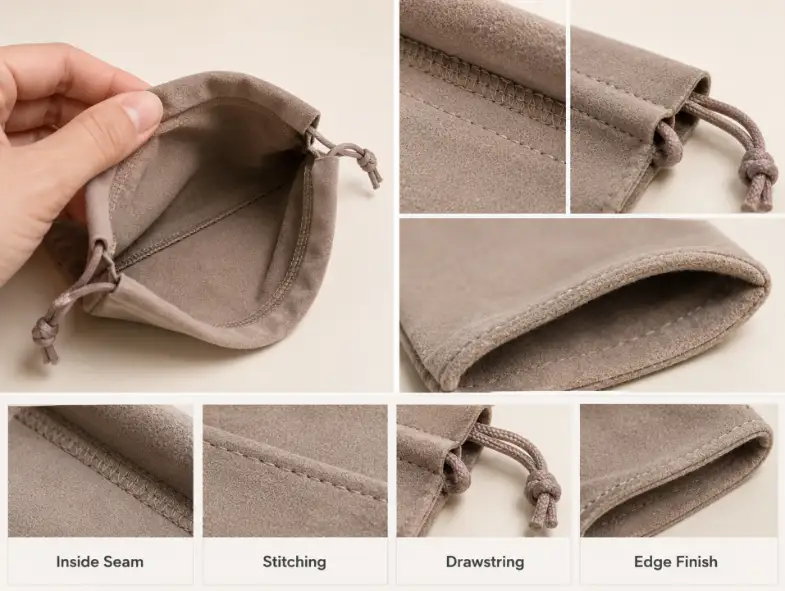 Inspecting Seams and Closure Construction Inside a Jewelry Pouch The inside of a custom jewelry pouch being checked for loose threads, seam quality, and drawstring function