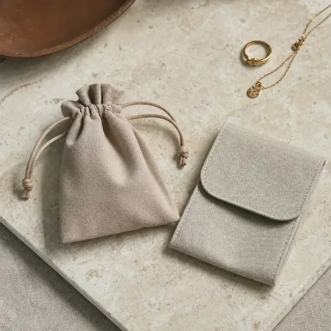 Jewelry Pouch Closure and Branding Surface Details Close-up of the closure and front branding surfaces on an unbranded drawstring pouch and flap pouch