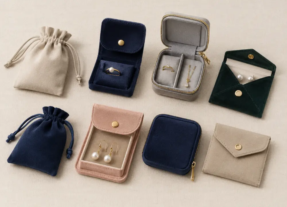 Jewelry Pouch Formats, Closures and Interior Structures Unbranded jewelry pouch formats showing drawstring, flap, zipper and envelope closures with soft interior structures