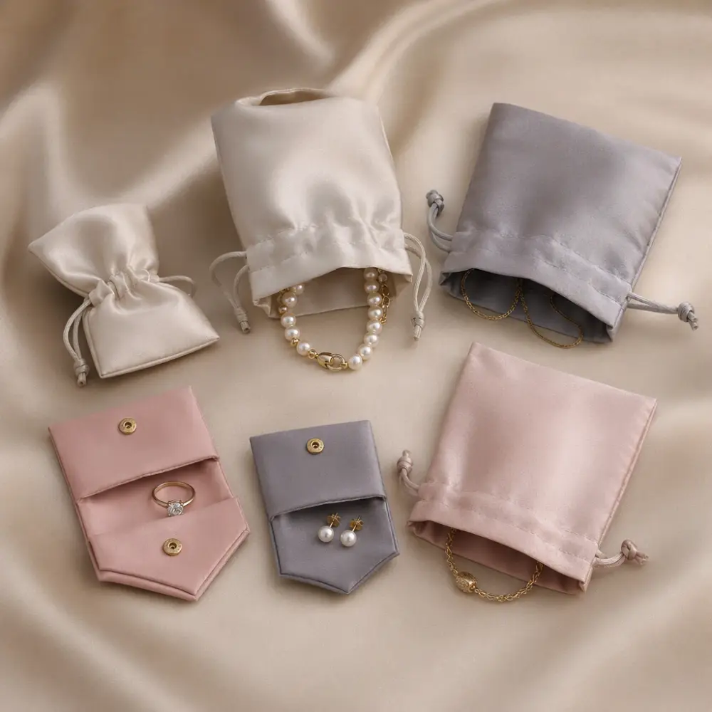 Jewelry Pouch Sizes and Constructions for Different Jewelry Types Different satin jewelry pouch sizes and closure constructions arranged with rings, earrings, necklaces, and bracelets