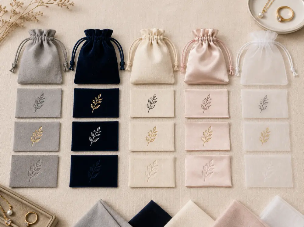 Matching Jewelry Pouch Materials to Logo Techniques Unbranded jewelry pouch materials including microfiber, velvet, cotton canvas, satin and organza arranged for logo method selection