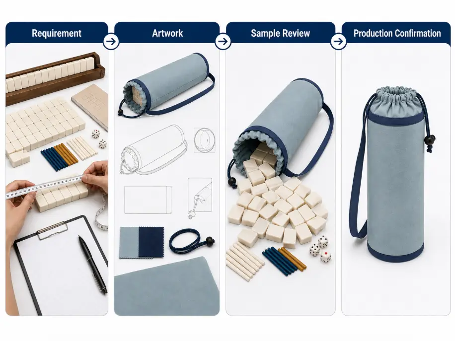 Measuring Mahjong Tiles and Accessories Before Bag Specification Buyer measuring mahjong tiles, a rack and a rule booklet before choosing a storage bag
