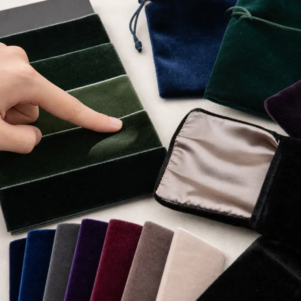 Velvet Pile, Color Swatches and Lining Options Velvet fabric swatches showing different pile textures, colors and lining options for custom pouches
