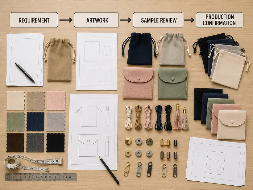 What to Include in a Jewelry Pouch OEM Brief Flat lay of jewelry pouch samples, fabric swatches, measuring tools, closure components, and blank specification sheets
