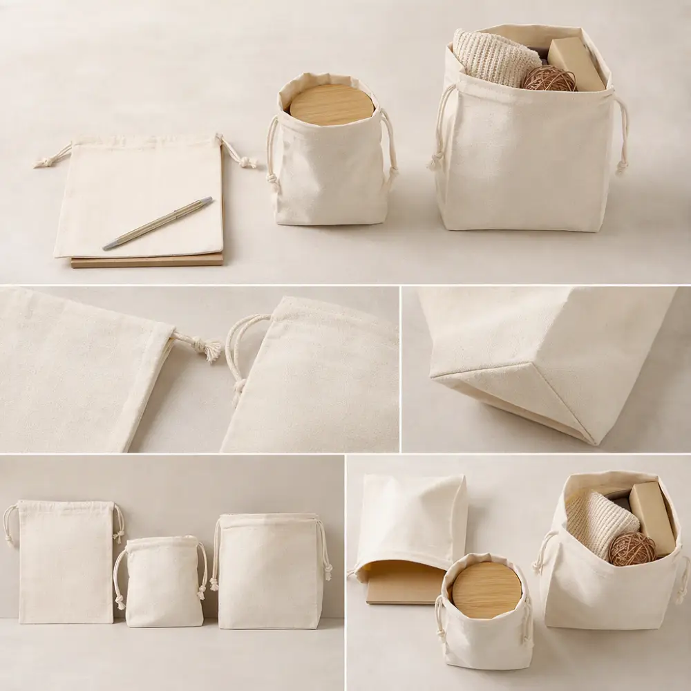 Choosing the Right Cotton Pouch Size and Shape Flat, gusseted, and boxed-bottom cotton pouches holding products of different shapes