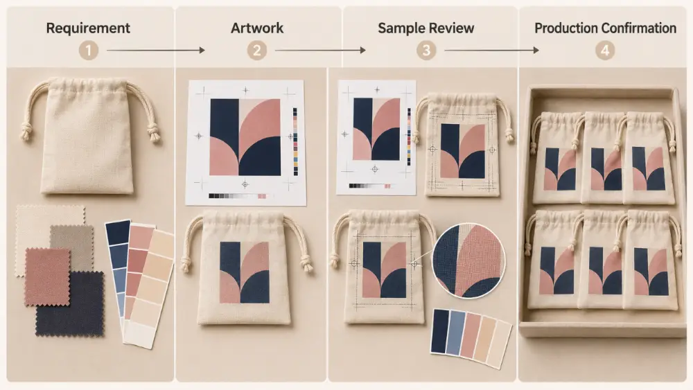 Comparing Custom Pouch Details With the Approved Artwork A custom jewelry pouch being compared with approved artwork for placement, orientation, and print clarity