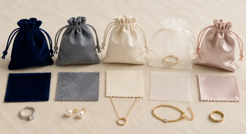 Comparing Velvet, Microfiber, Cotton, Organza and Satin Pouches Close-up comparison of unbranded velvet, microfiber, cotton, organza and satin jewelry pouches with fabric textures visible