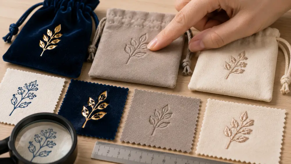 Inspecting Print, Foil, Debossing and Embroidery Details Close-up inspection of unbranded jewelry pouch print, foil, debossed and embroidered decoration details
