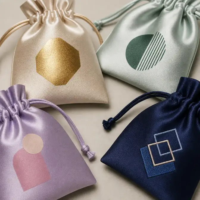 Logo Decoration Methods for Satin and Silk Pouches Unbranded satin and silk pouch material samples showing different decoration finishes