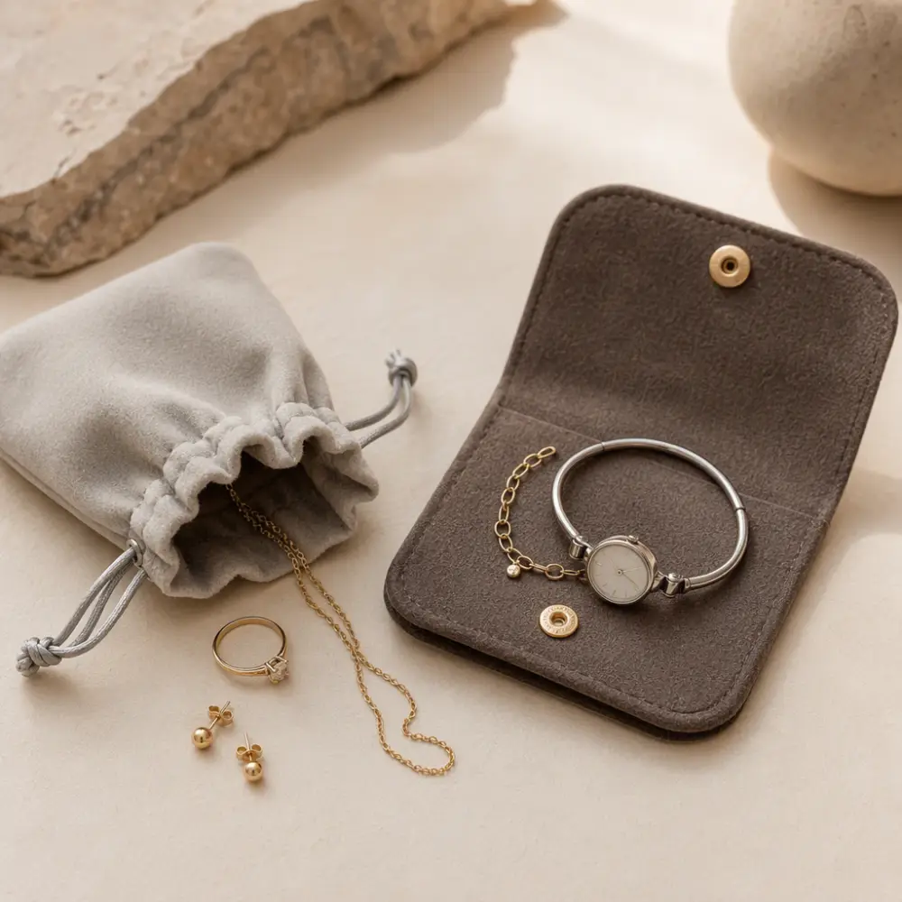Matching Jewelry Types to Pouch Formats Rings, earrings, and a delicate chain in a drawstring pouch alongside a bracelet and watch in a flap pouch