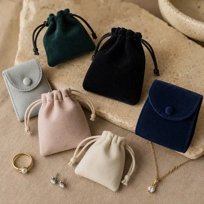 Matching Pouch Material to Jewelry and Brand Style Microfiber and velvet jewelry pouches paired with different types of unbranded jewelry
