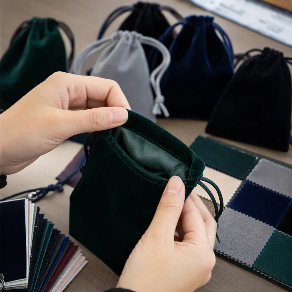 Physical Sample Approval and Quality Inspection Buyer inspecting the stitching, closure, lining and surface finish of an unbranded velvet pouch sample