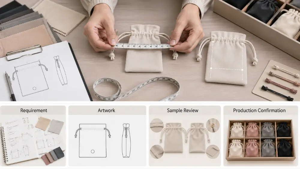 Sample Approval and Quality Checks for a Pouch Reorder A worker measuring a custom jewelry pouch and comparing it with an approved reference sample for quality control