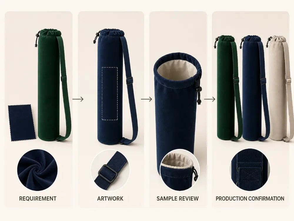 Velvet Mahjong Tile Bag Customization Process Four-panel visual showing velvet drawstring pouches with shoulder straps, a fabric swatch, a marked artwork area, an open lined pouch, and three color options
