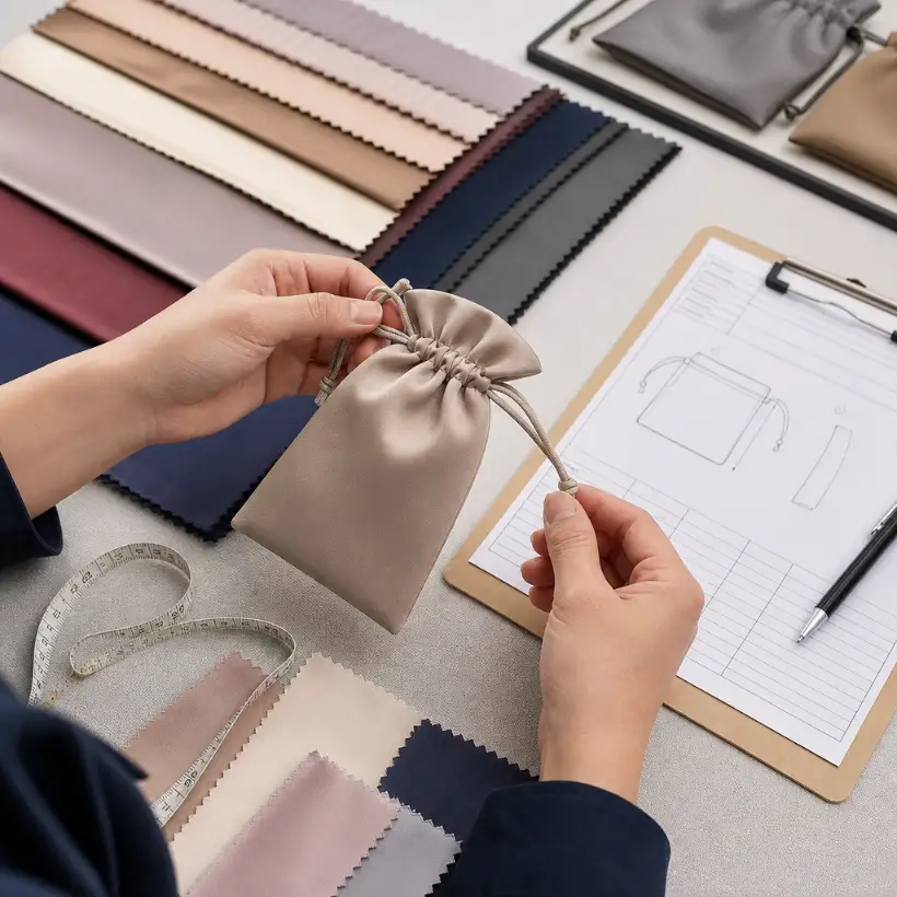 Pre-Production Sample Review for Custom Jewelry Pouches Buyer reviewing the size, fabric, seams, decoration placement, and closure of an unbranded jewelry pouch sample