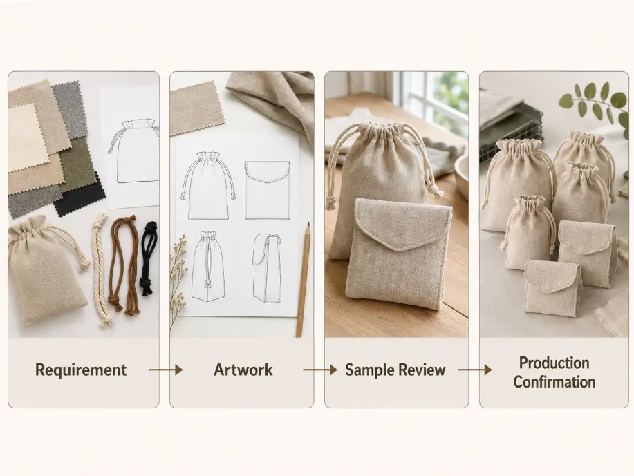 Linen Pouch Packaging Process Infographic Four-panel visual showing linen fabric swatches and drawstrings, pouch artwork sketches, sample linen pouches, and multiple finished-style pouches labeled Requirement, Artwork, Sample Review, and Production Confirmation