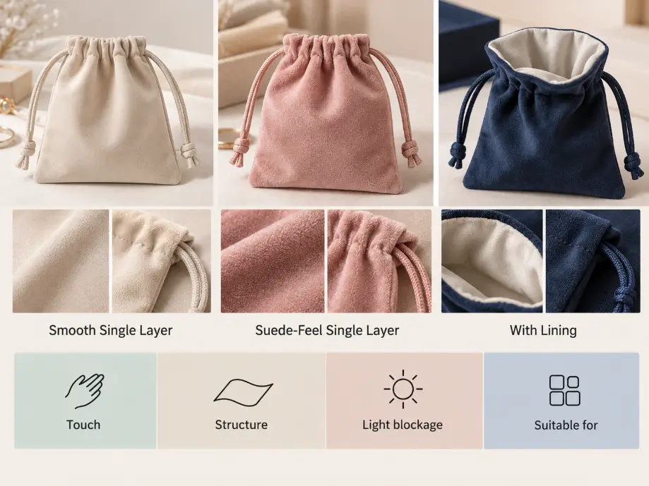 Comparing Microfiber Pouch Construction Options Comparison of smooth, brushed, and lined microfiber drawstring pouch construction options