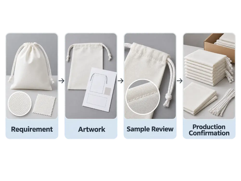 Comparing Non-Woven Fabric Weights and Seam Construction Unbranded non-woven fabric samples and drawstring bag seams showing differences in material weight and construction