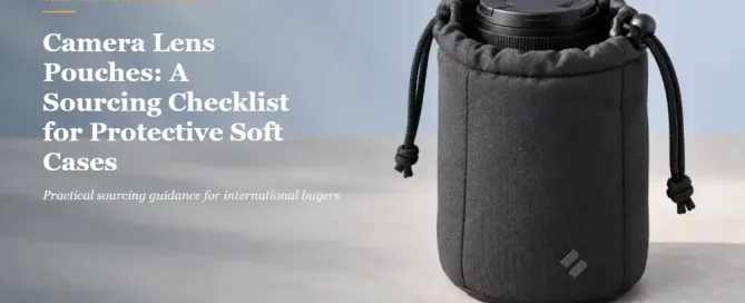 Concept visual of a charcoal-grey padded drawstring pouch with an unbranded camera lens partially visible.