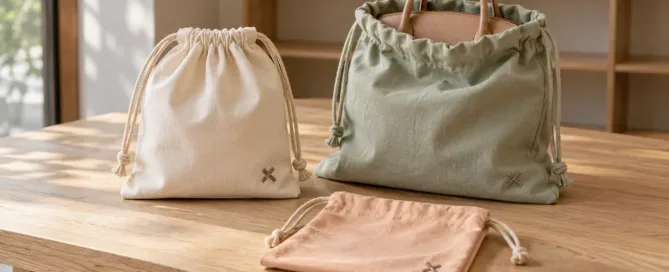 Three cotton drawstring dust bags in ivory, sage and apricot displayed in a boutique retail setting.