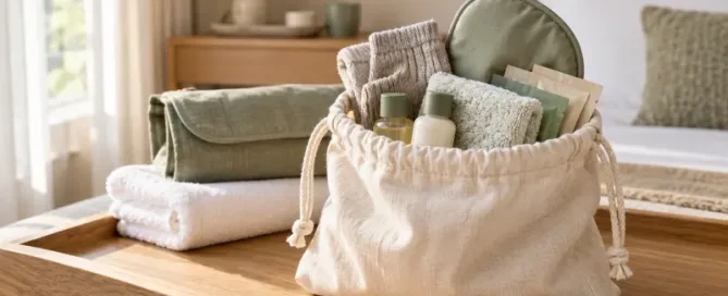Cream cotton drawstring amenity bag filled with hotel welcome-kit essentials on a light oak tray
